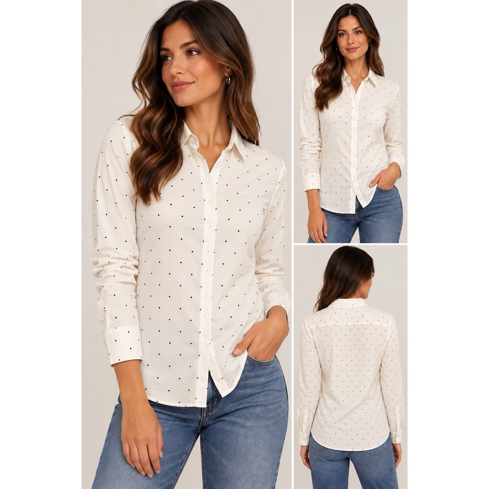 APT.9  Womens White Black Dot Long Sleeve Button Front Shirt Size L